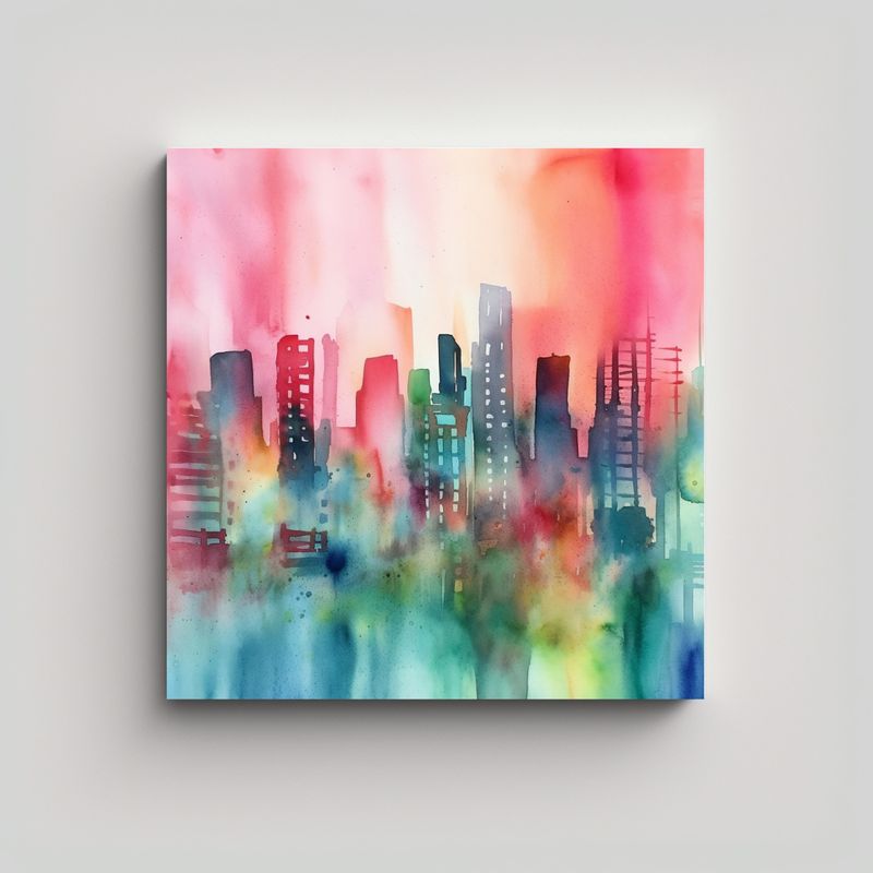 GENERICO - Paisaje Urbano Abstracto En Acuarela Pastel, 60x60 Cm