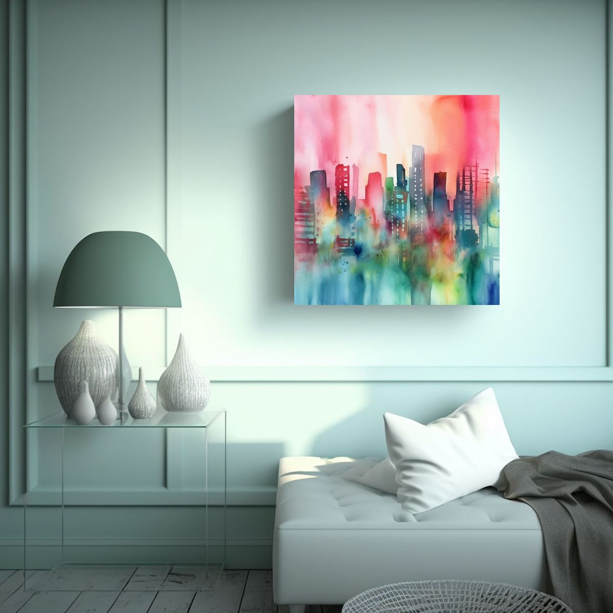 GENERICO - Paisaje Urbano Abstracto En Acuarela Pastel, 50x50 Cm