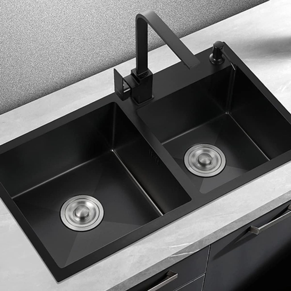 KUANGYE - Set Lavaplatos Empotrado 80x45 Cm Negro Delux Acero Inoxidable