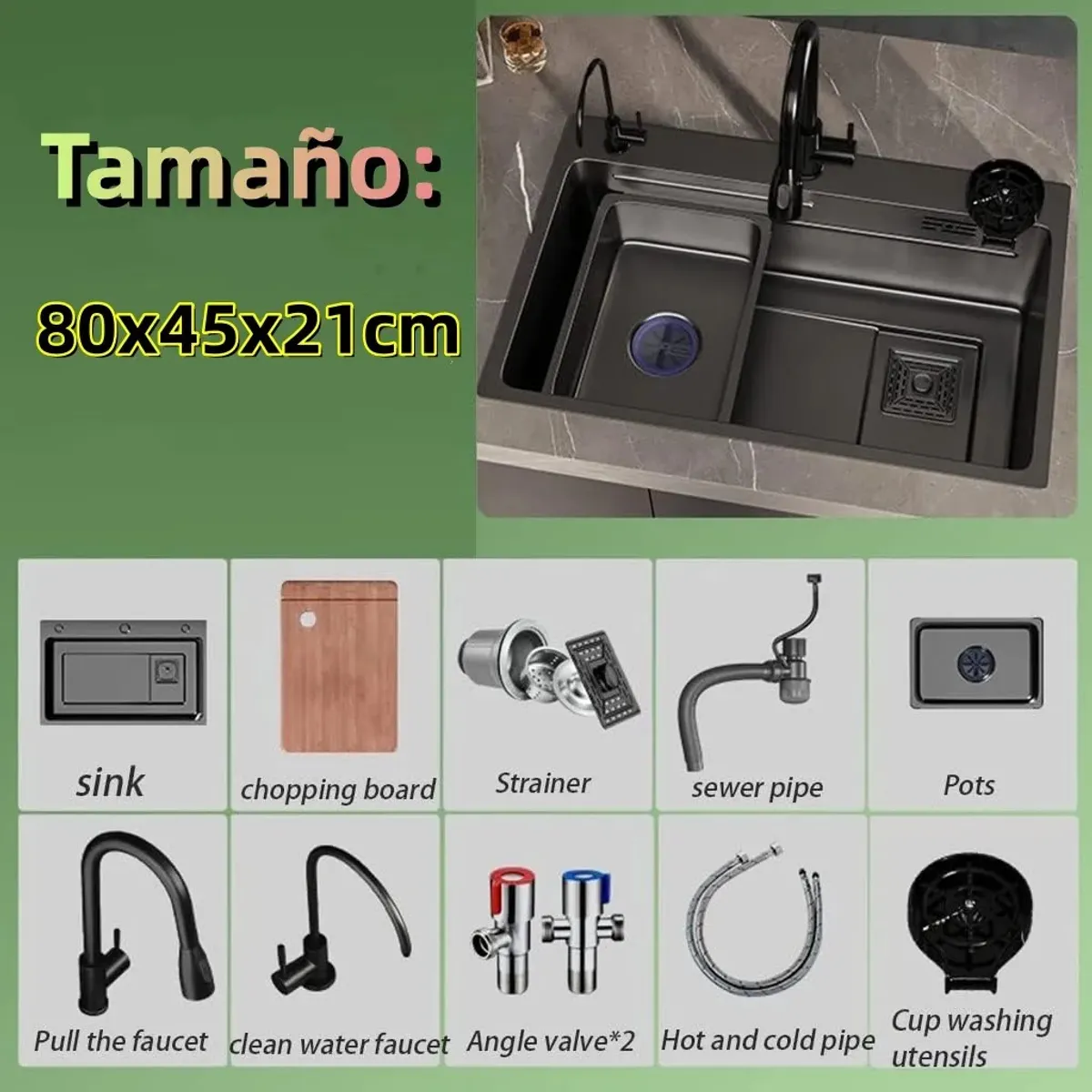 KUANGYE - Combo Lavaplato Empotrado 80x45cm Fregadero Cocina Multifuncional Acero Inoxidable Con Todos