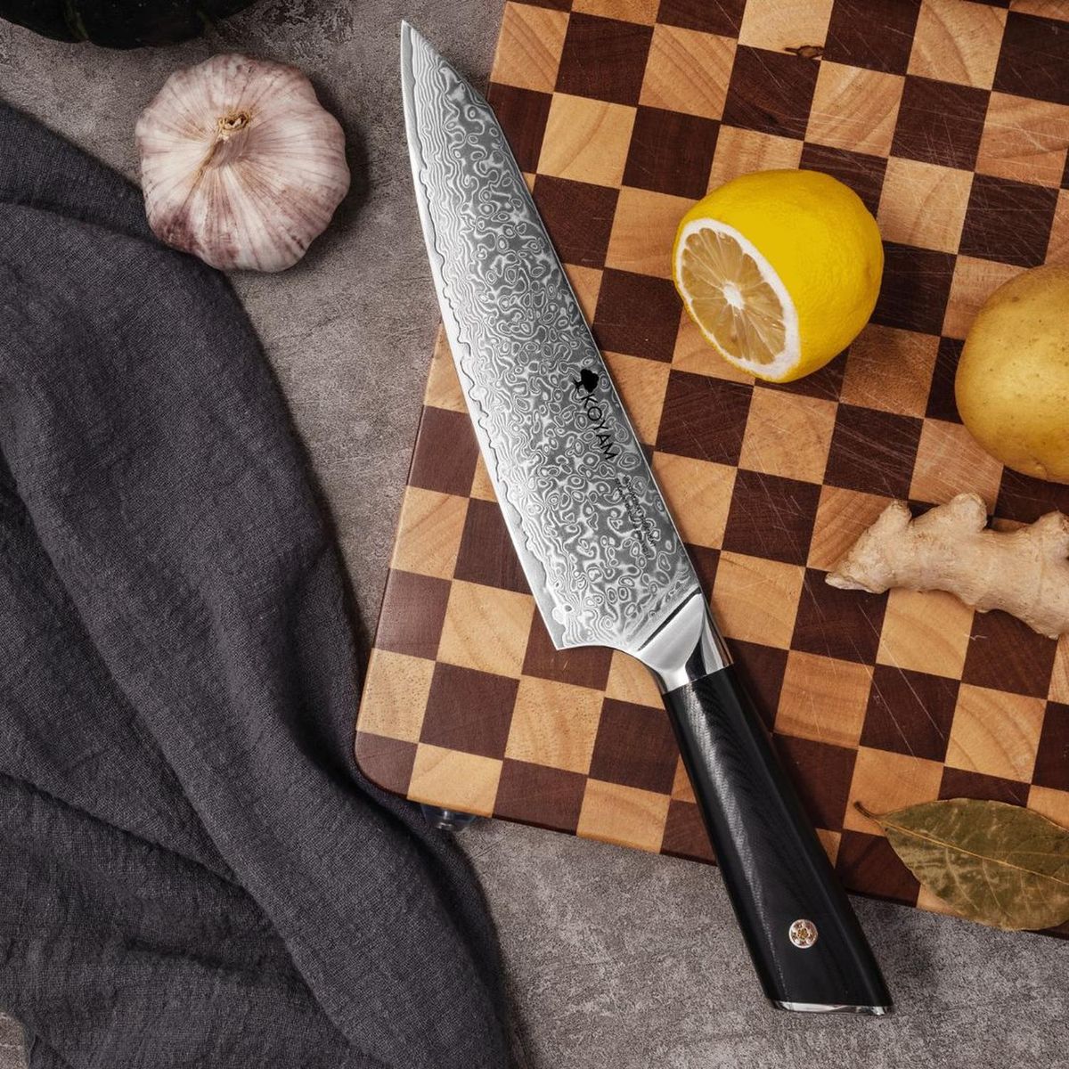 KOYAM - Cuchillo Chef 20 Cm Acero Damasco 67 Capas Mango G10 Negro