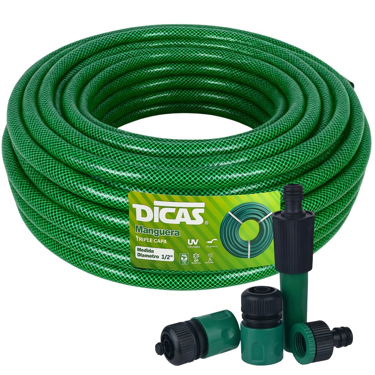 DICAS - Manguera Jardin Con Malla 1/2 Pulgada 50 Metros Con Acoples Dicas