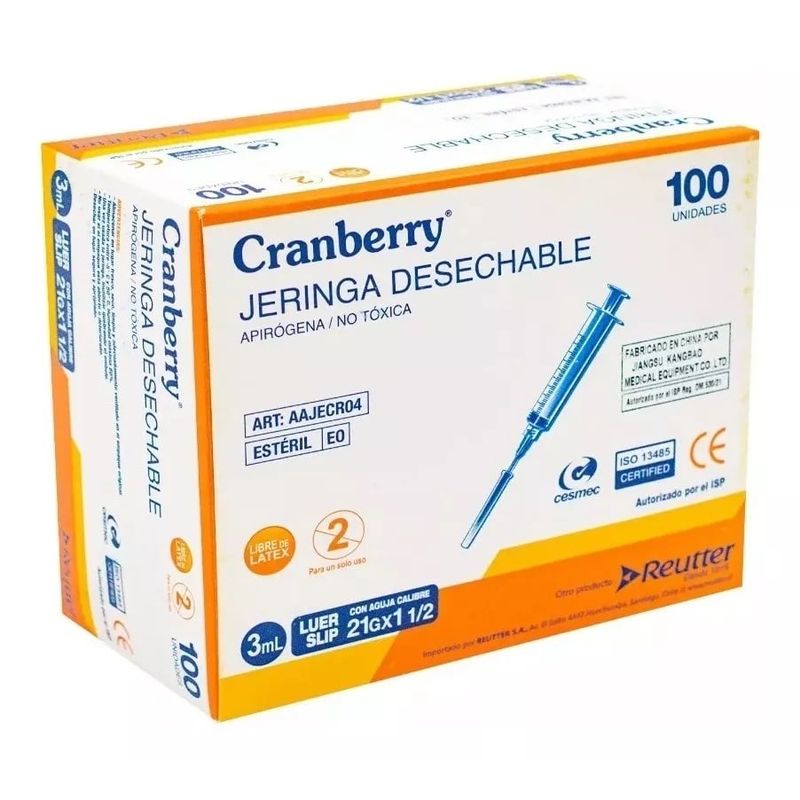 CRANBERRY - Jeringa Desechable Luer Slip 3cc 21g X 1 1/2 Cranberry X 100