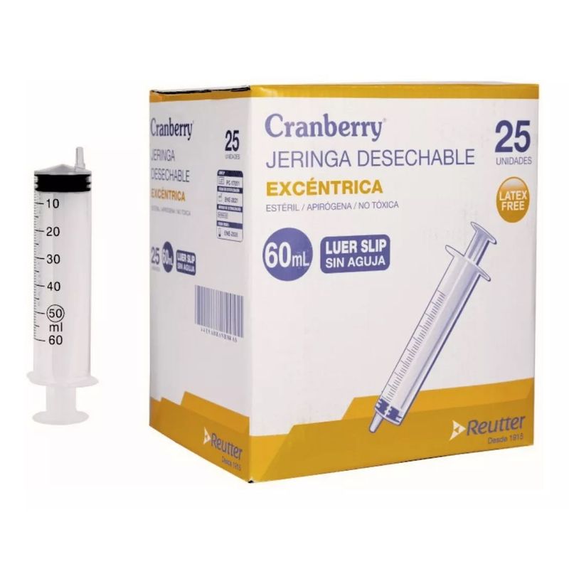 CRANBERRY - Jeringa Excéntrica 60ml Luer Slip Sin Aguja Caja 25 Unidades
