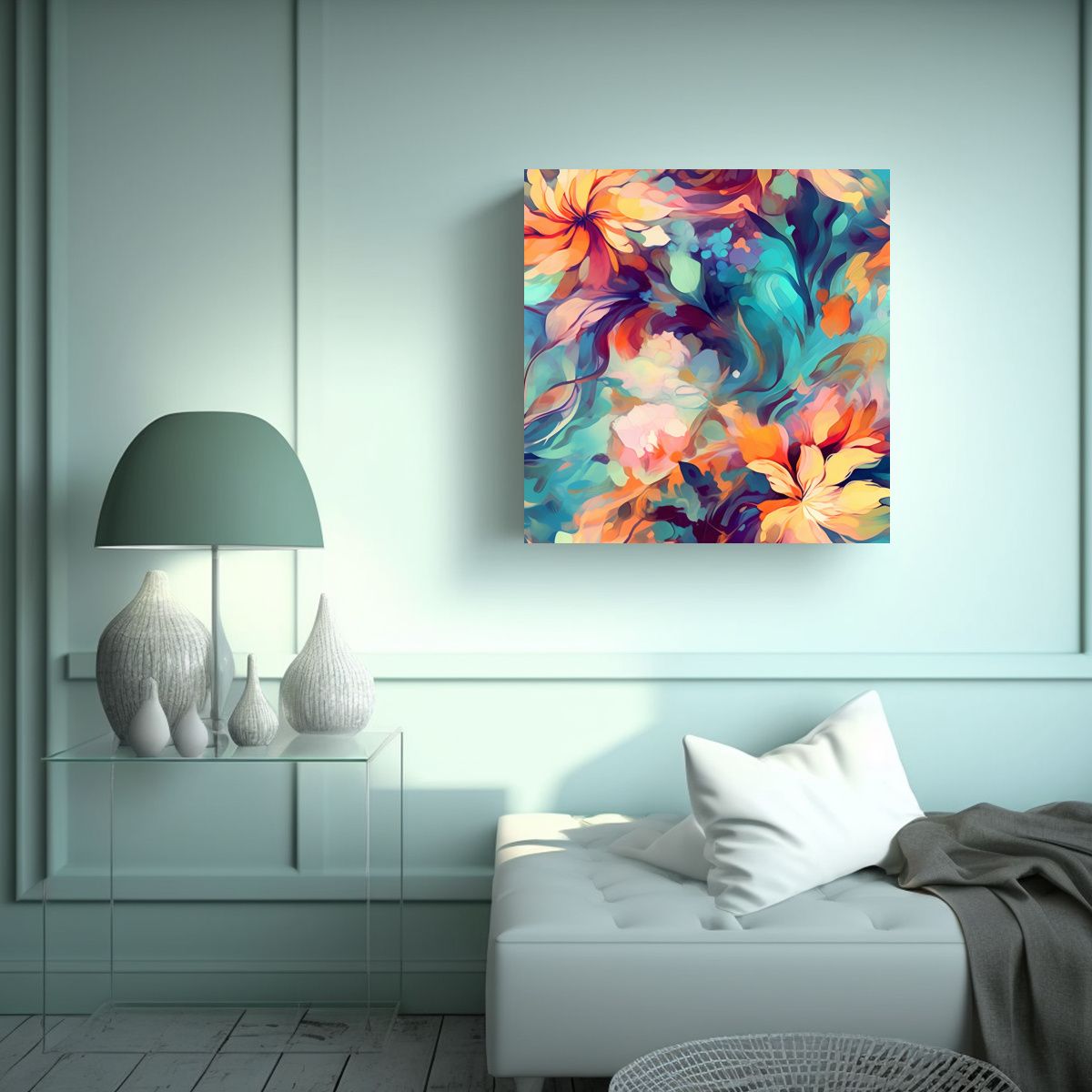 GENERICO - Cuadro Abstracto Con Estampado Floral En Lienzo 70x70 Cm