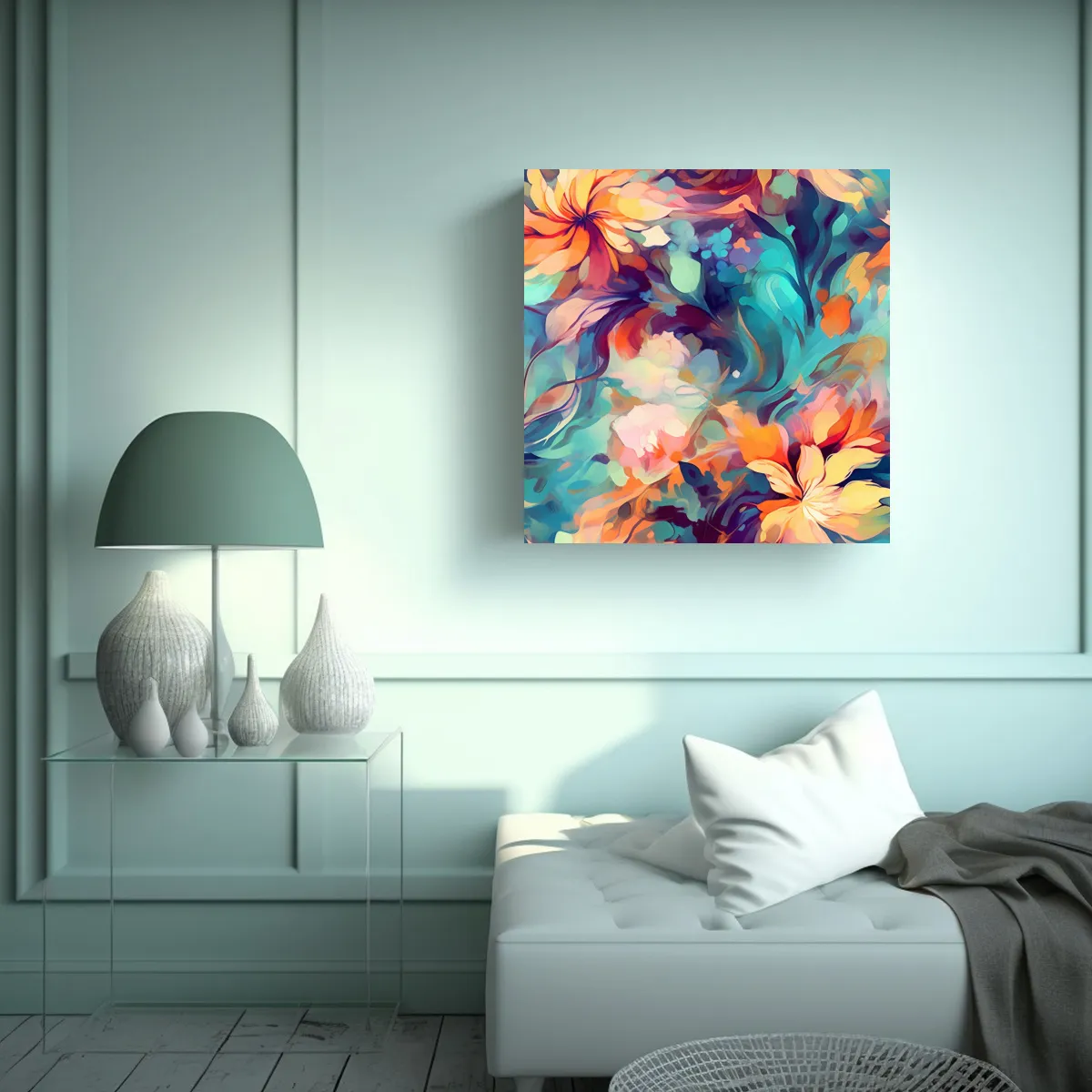 GENERICO - Cuadro Abstracto Con Estampado Floral En Lienzo 50x50 Cm
