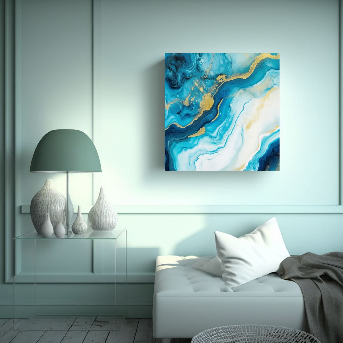 GENERICO - Cuadro Abstracto De Mármol Azul Y Dorado Estilo 80x80 Cm