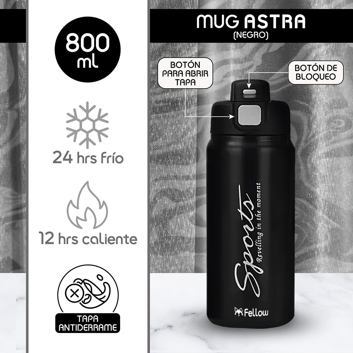 FELLOW - Termo Botella Termica Astra By Fellow Mug Agua Cafe 800ML Negro