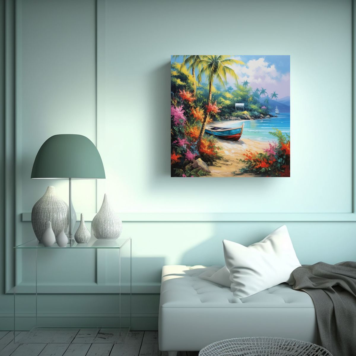 GENERICO - Cuadro Decorativo Verano Playa Barcos Palmeras 90x90 Cm