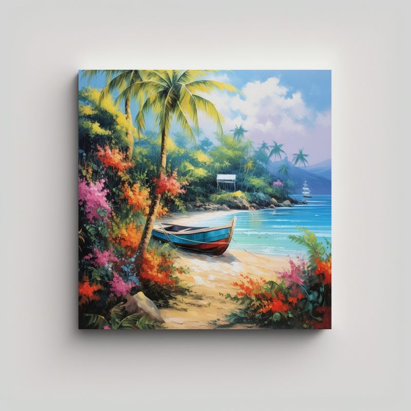 GENERICO - Cuadro Decorativo Verano Playa Barcos Palmeras 70x70 Cm