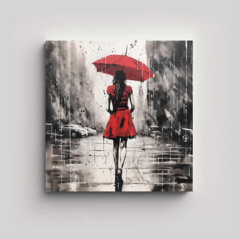 GENERICO - Regalo Pintura Mujer Vestida Rojo Caminando Bajo 50x50 Cm