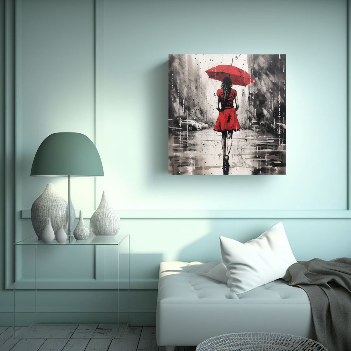 GENERICO - Regalo Pintura Mujer Vestida Rojo Caminando Bajo 80x80 Cm