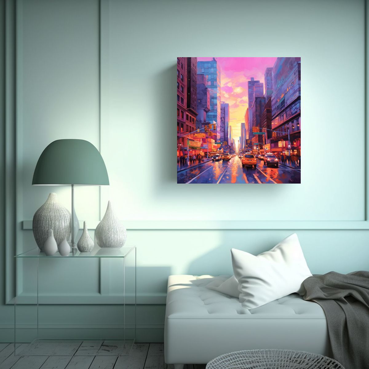 GENERICO - Cuadro Dibujo Motivo Ciudad Al Atardecer Con 90x90 Cm