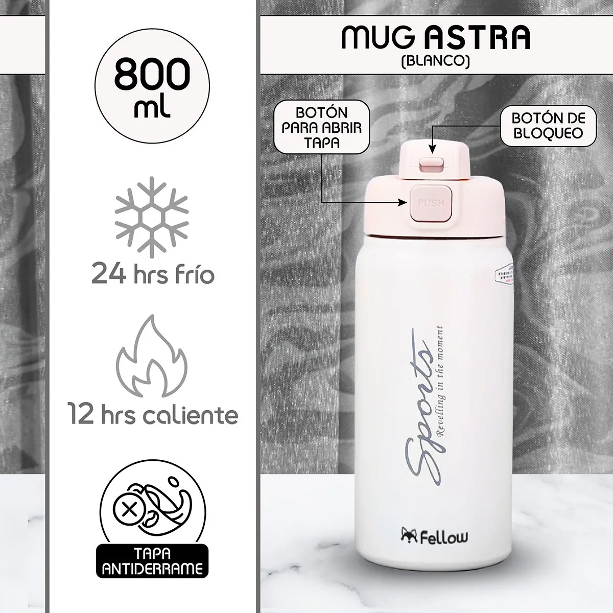 FELLOW - Termo Botella Termica Astra By Fellow Mug Cafe Agua 800ML Blanco