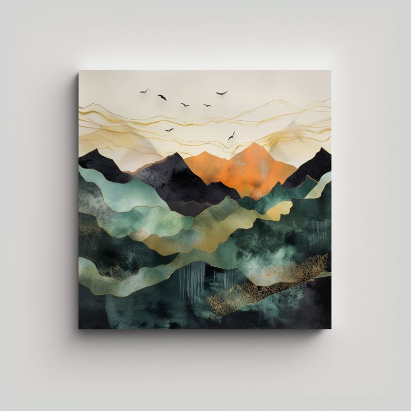 GENERICO - Pintura Abstracta Paisaje Montañas Sol Alta 50x50 Cm