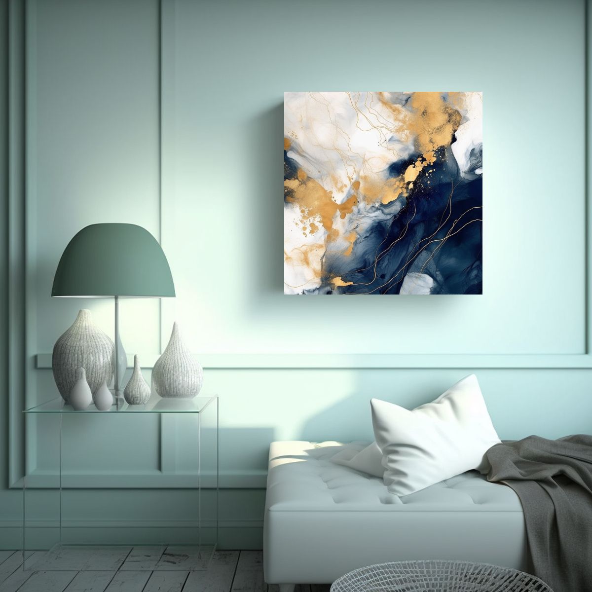 GENERICO - Lienzo Abstracto Oro Y Azul Marino, Impacto 90x90 Cm