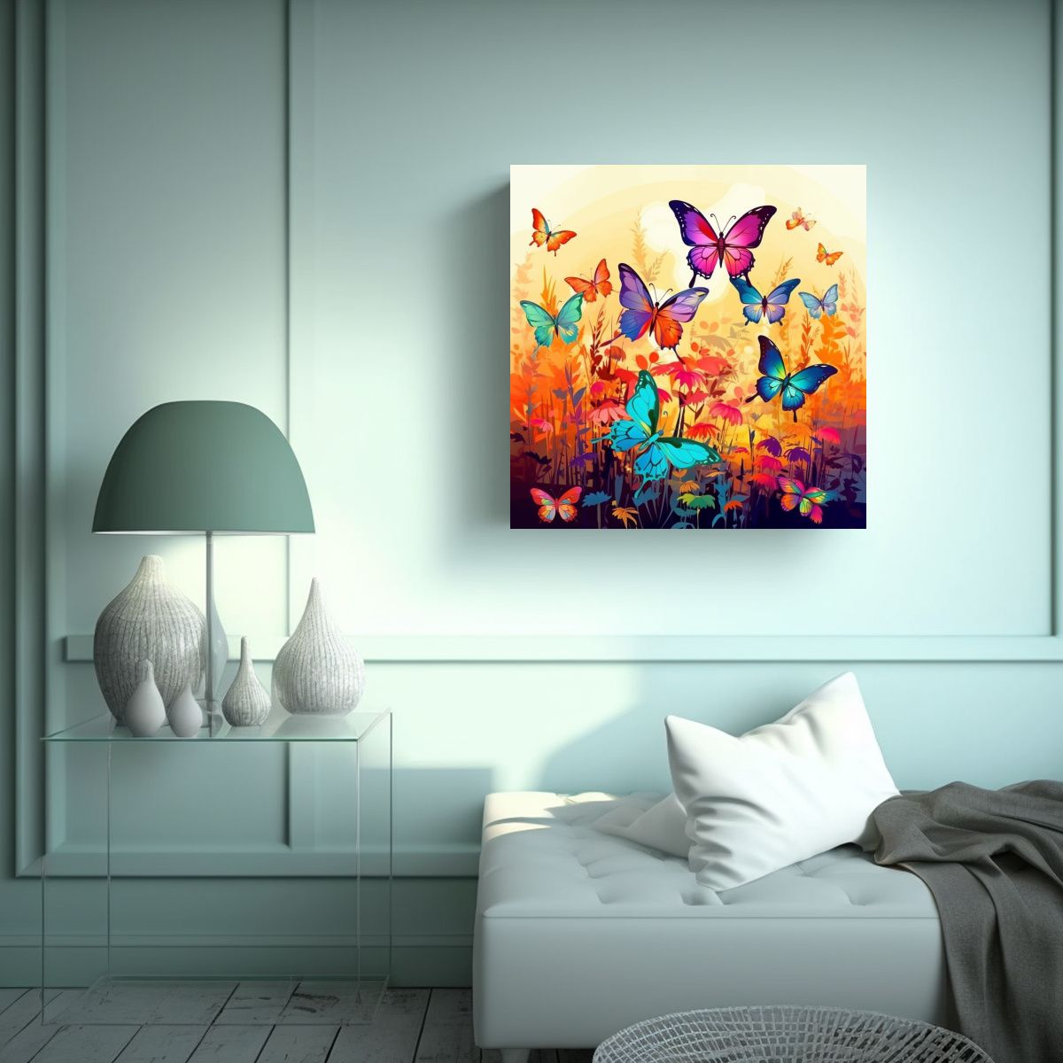 GENERICO - Cuadro Lienzo Paisaje Mariposas Coloridas En 50x50 Cm