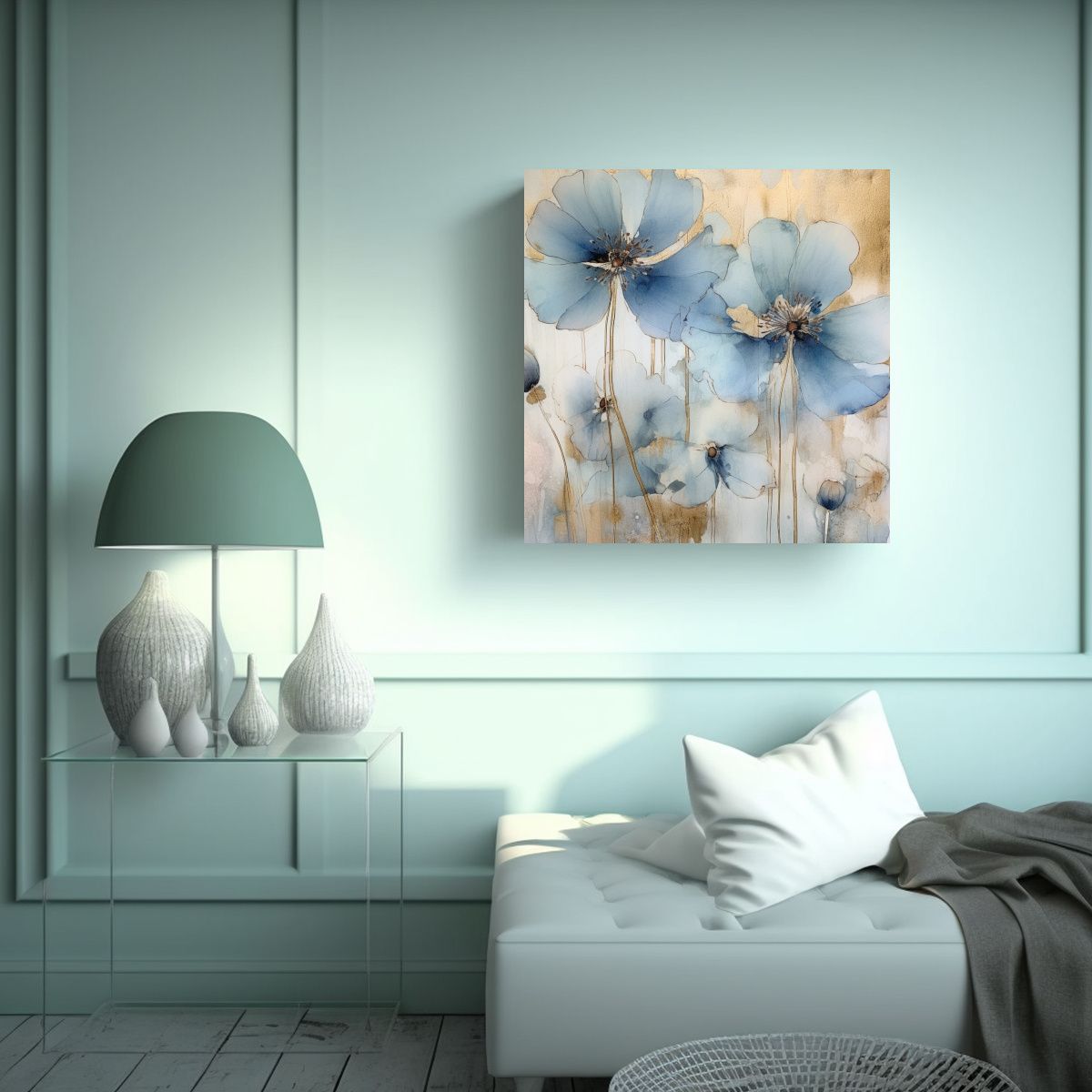 GENERICO - Pintura Decorativa Con Flores Azules En Acuarela 60x60 Cm