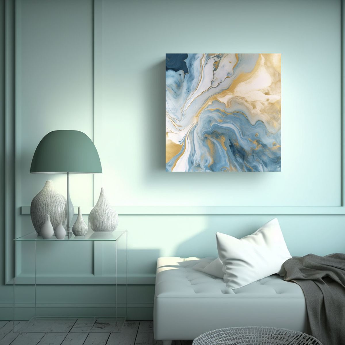 GENERICO - Cuadro Abstracto Azul Y Dorado Con Arte Decorativo 50x50 Cm.