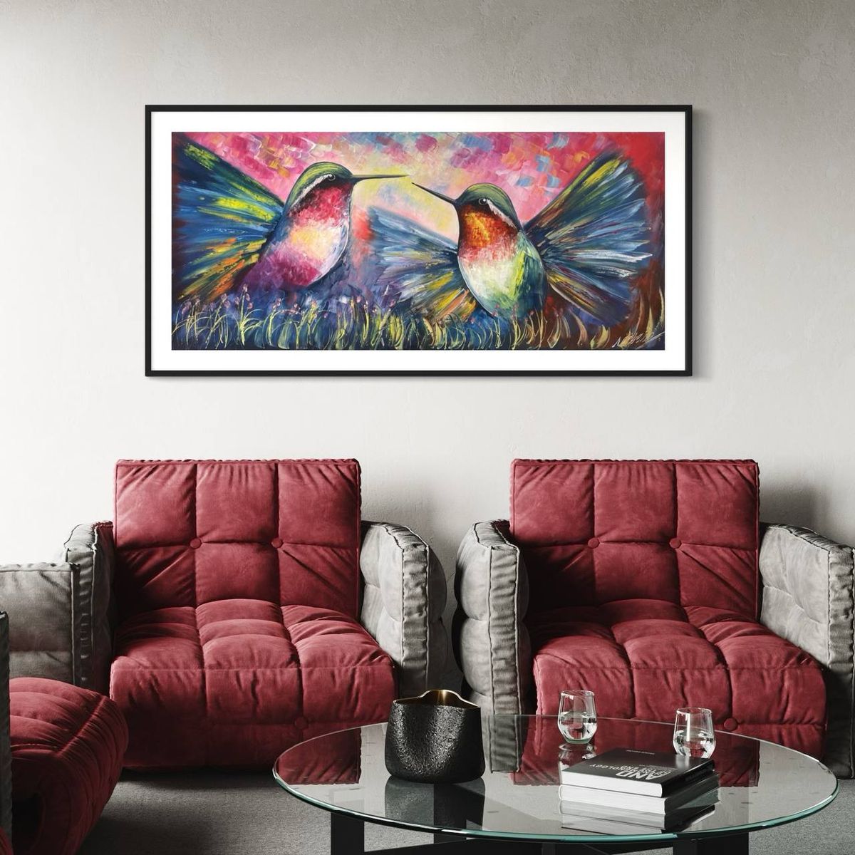 DEKAM DISEÑO - CUADRO PAREJA COLIBRIS PINTADO CON MARCO TAMAÑO M 147X67 CMS