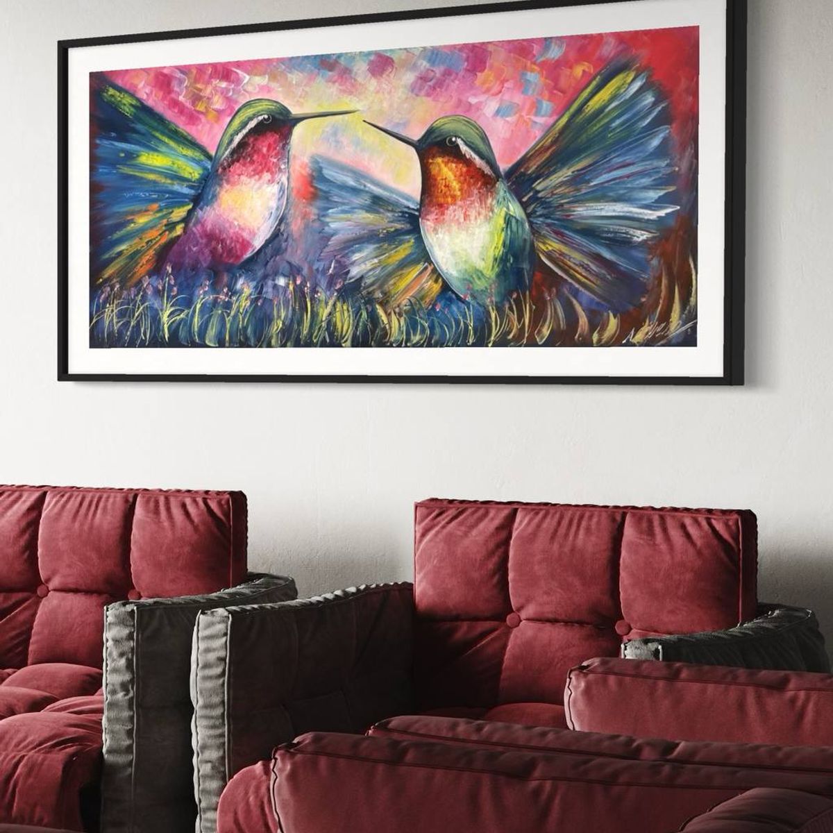 DEKAM DISEÑO - CUADRO PAREJA COLIBRIS PINTADO CON MARCO TAMAÑO M 147X67 CMS