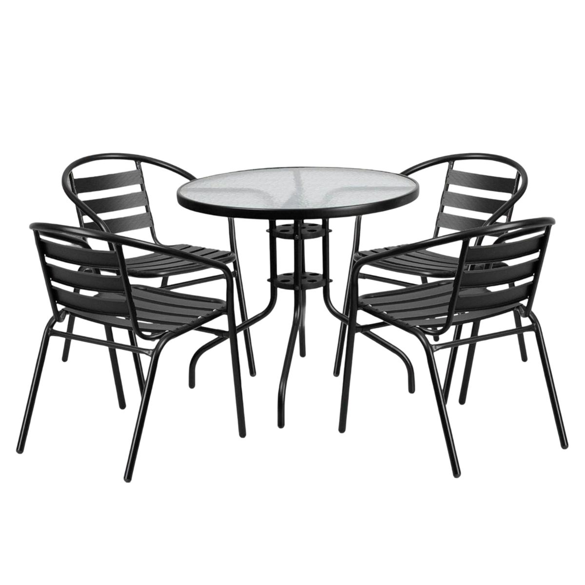 NOVAHUS - Set Terraza 4 Sillas Acero + Mesa Vidrio Negro 80x70cm