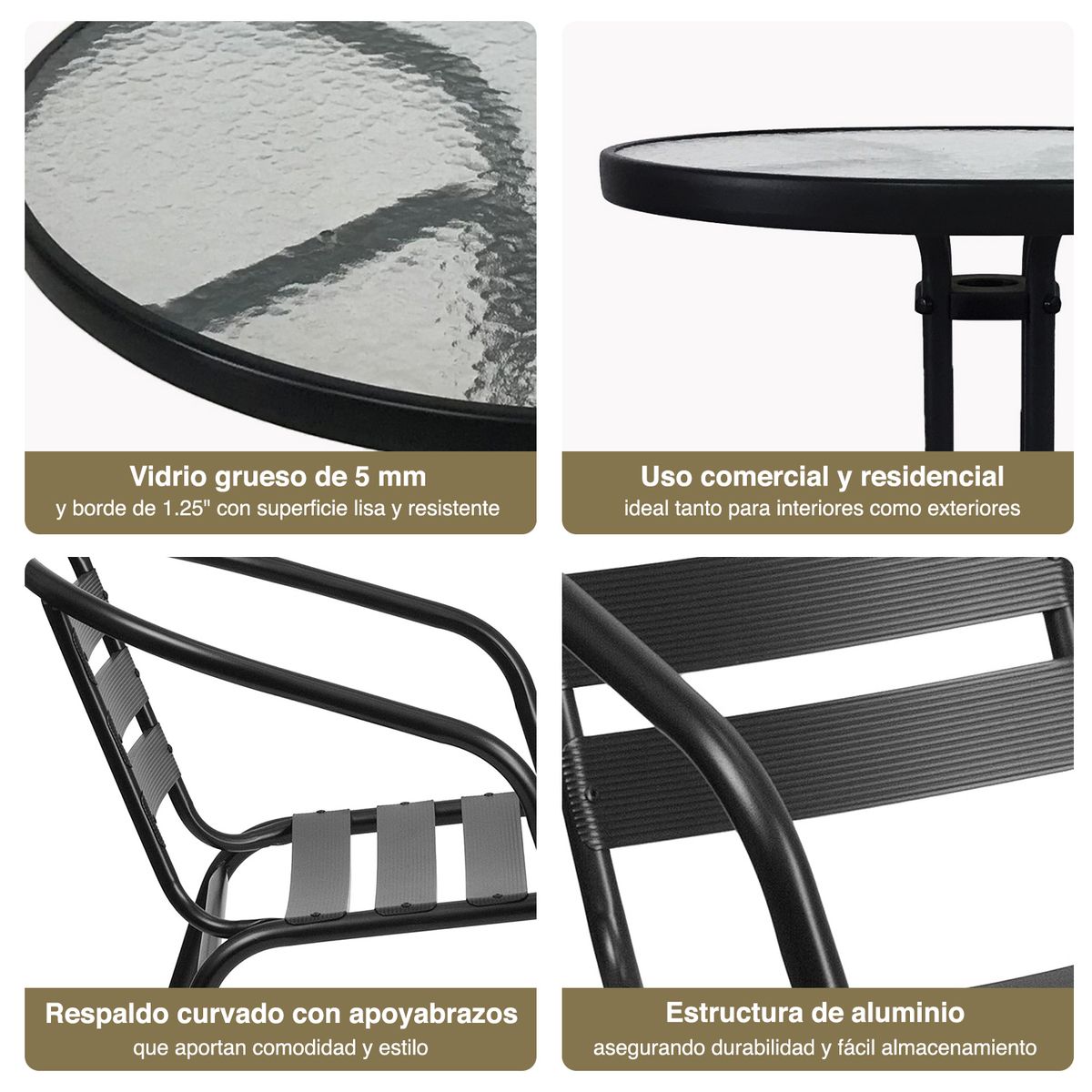 NOVAHUS - Set Terraza 4 Sillas Acero + Mesa Vidrio Negro 80x70cm
