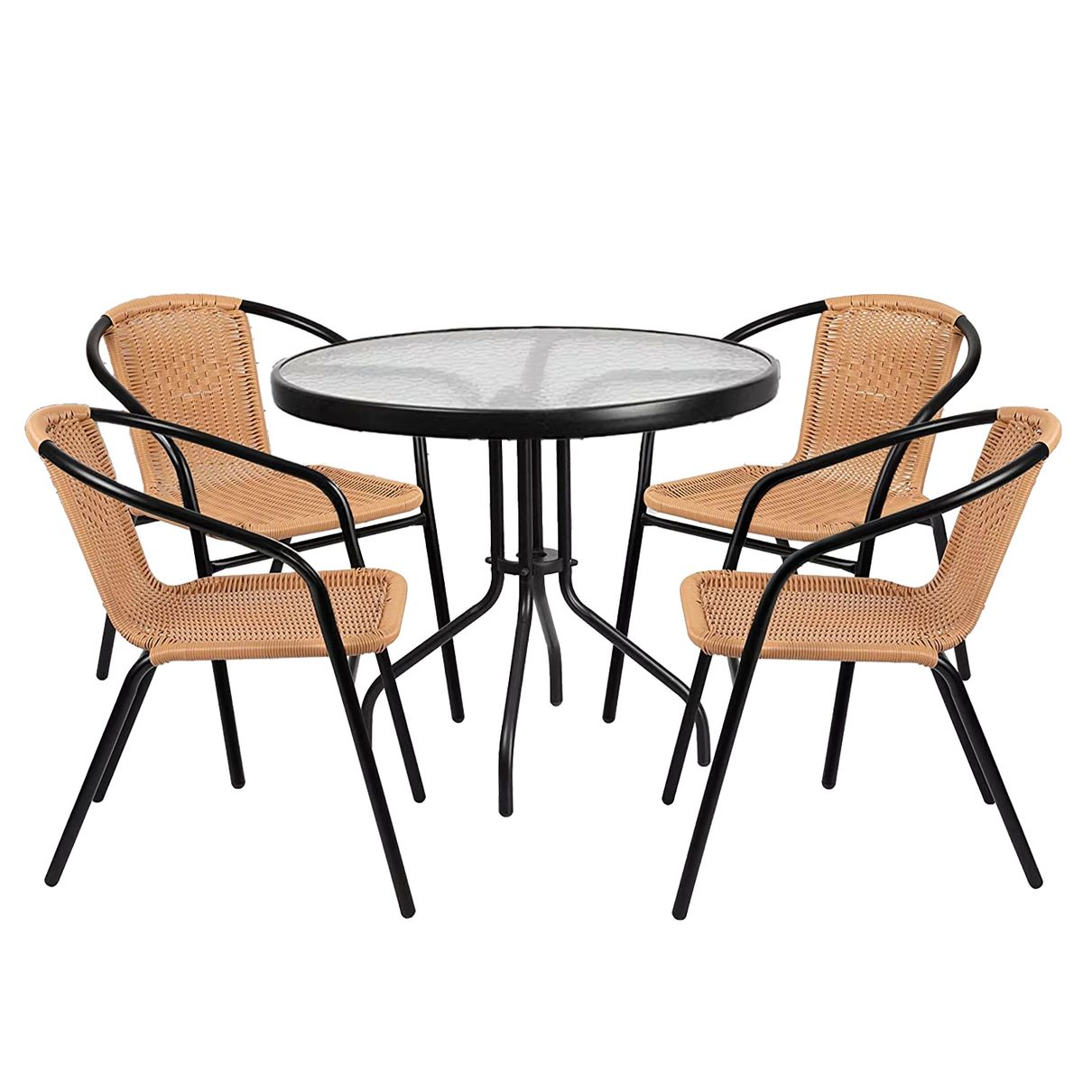 NOVAHUS - Set Terraza Maceio 4 Sillas + Mesa Vidrio 80x70cm Beige