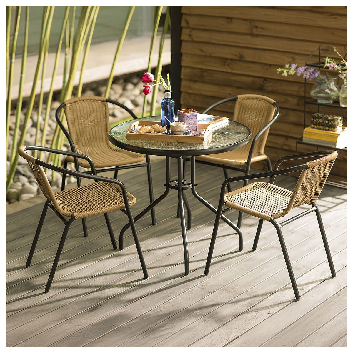 NOVAHUS - Set Terraza Maceio 4 Sillas + Mesa Vidrio 80x70cm Beige