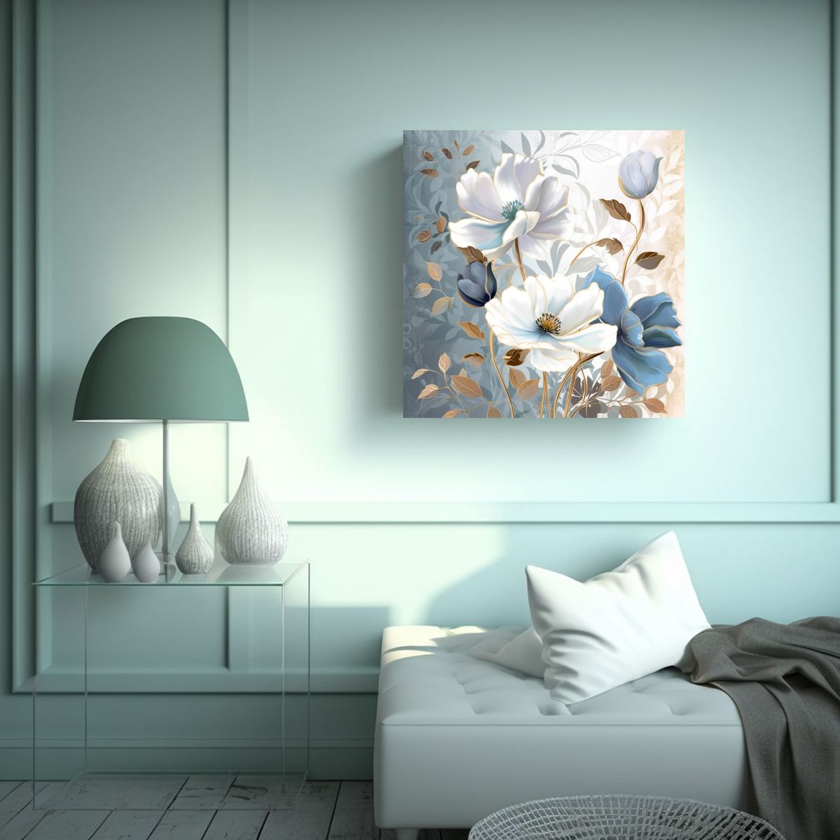 GENERICO - Lienzo Decorativo: Flores Azules, Blancas Y 50x50 Cm