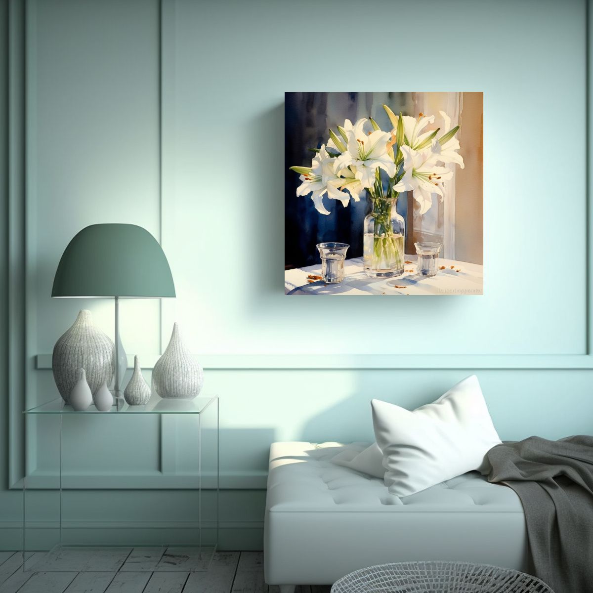 GENERICO - Cuadro De Acuarela: Lirios Blancos En Baño, 50x50 Cm