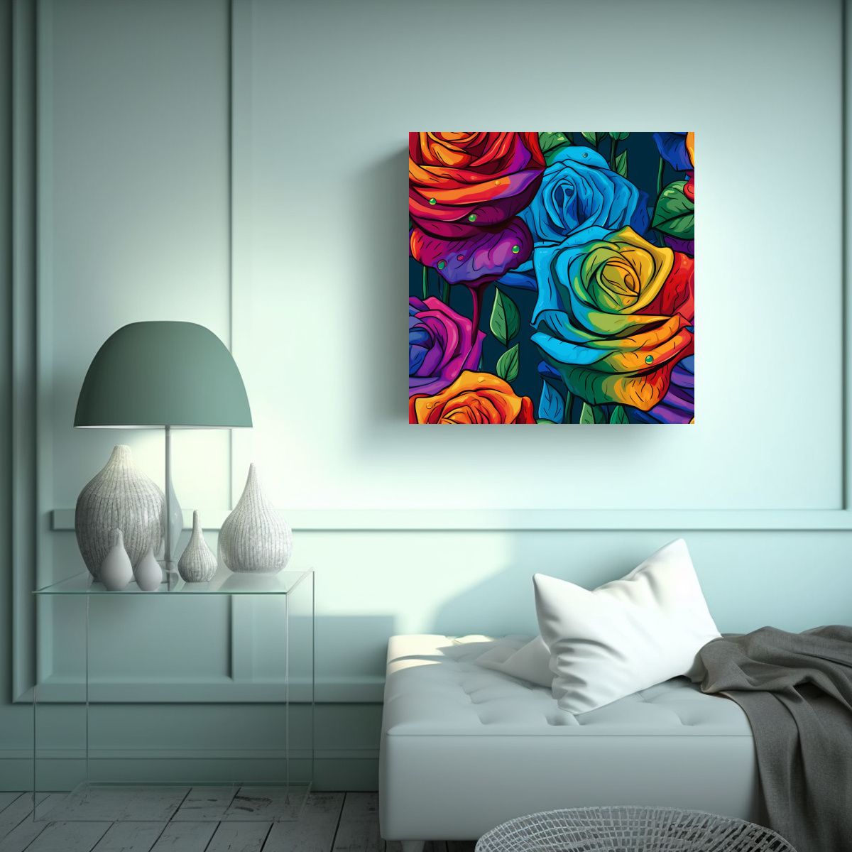 GENERICO - Cuadro Decorativo De Rosa Arcoíris De Tallo 30x30 Cm