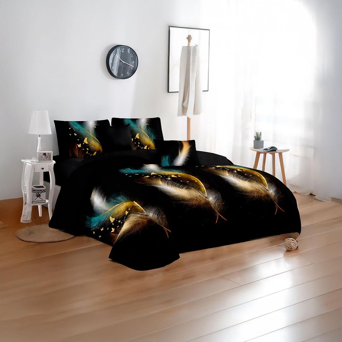 GENERICO - Cubre Cama King Quilt 2.5 Plaza Estampado Plumas Doradas 657