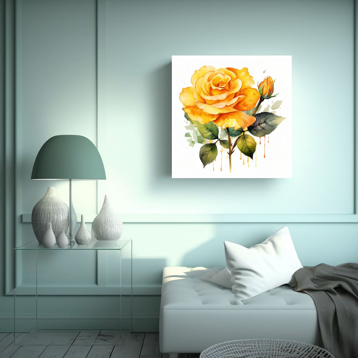 GENERICO - Cuadro Moderno Dormitorio: Rosa Amarilla Acuarela 80x80 Cm