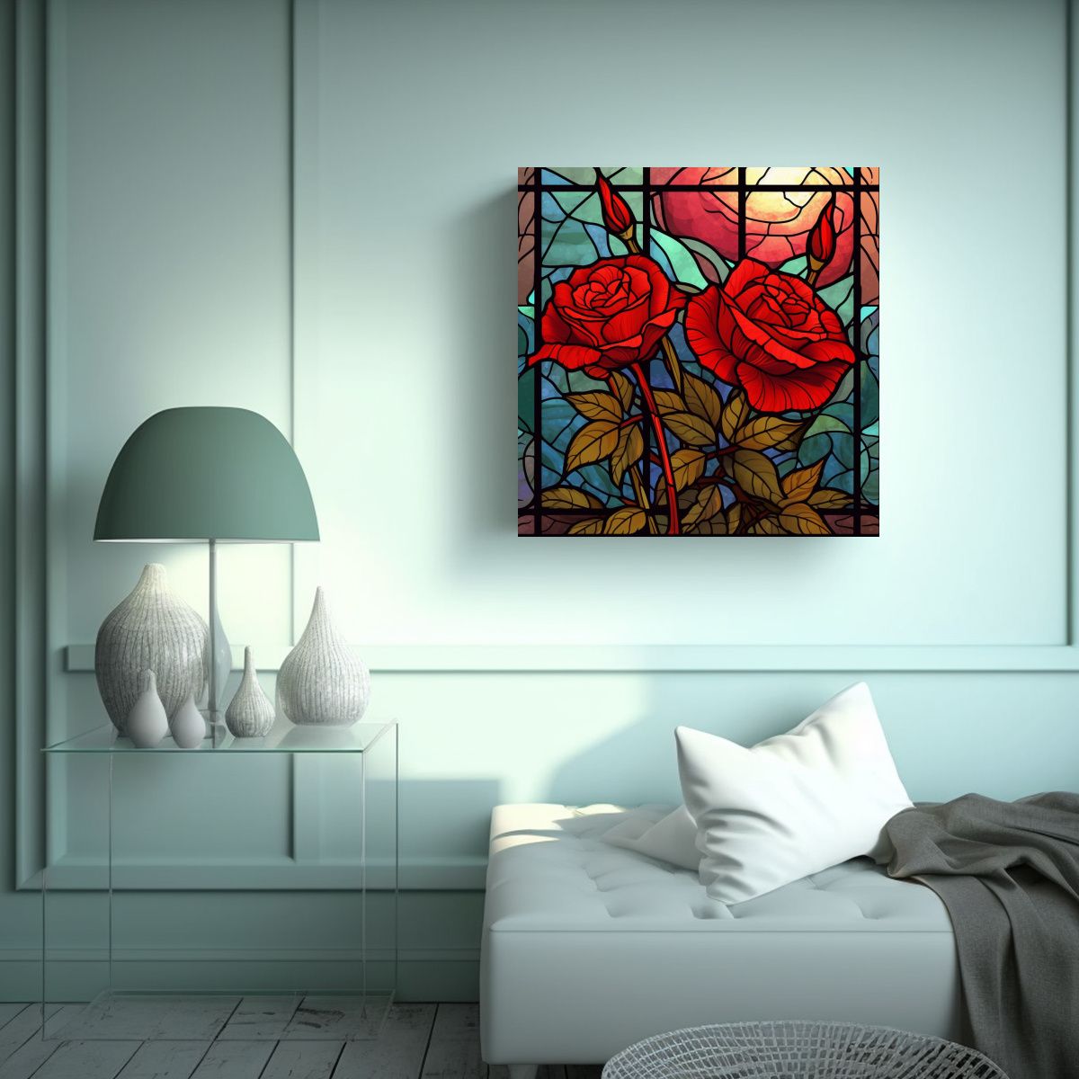 GENERICO - Roses Rojas En Patrón De Vitral: Lienzo 80x80 Cm