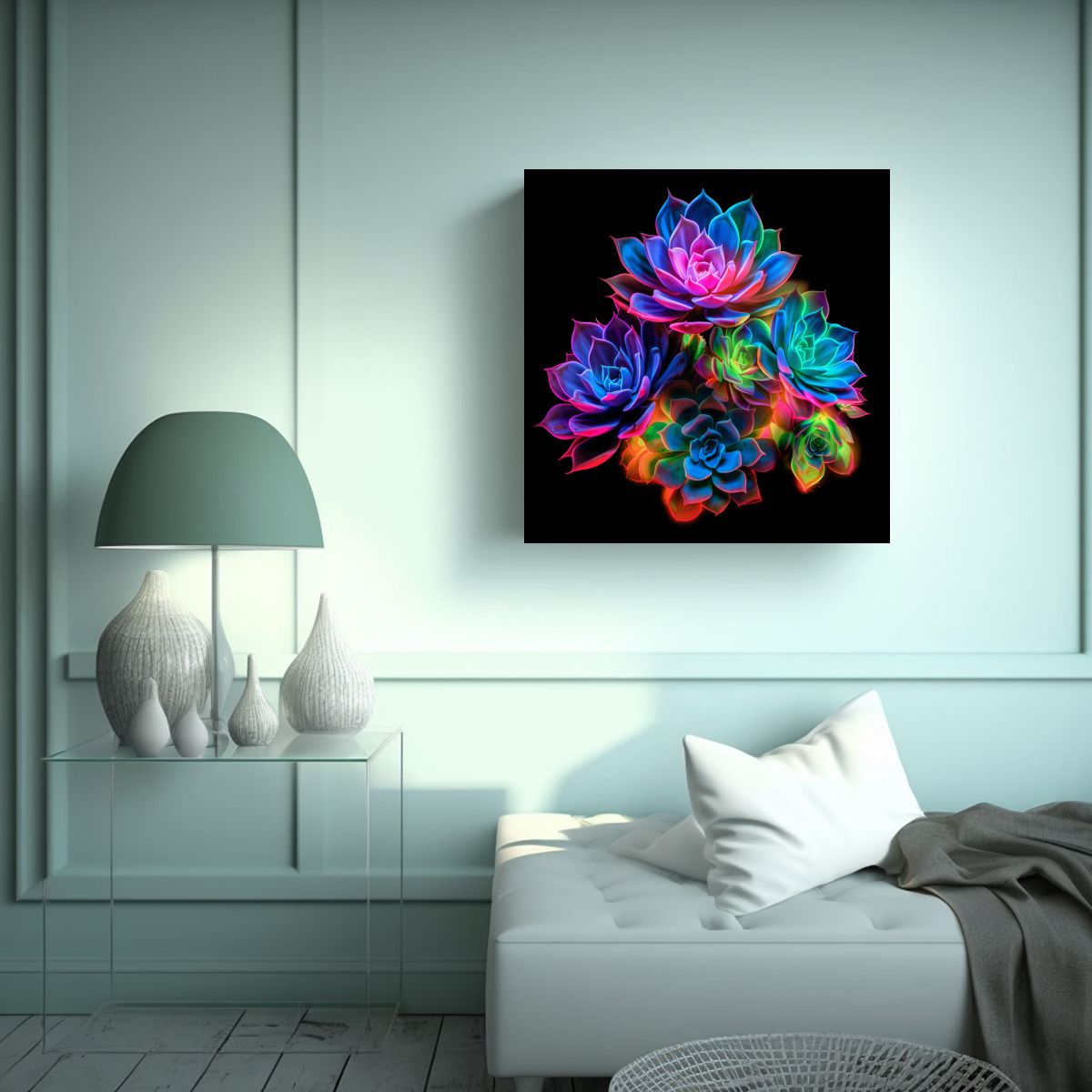 GENERICO - Cuadro Neon De Suculentas En Lienzo De Alta 60x60 Cm