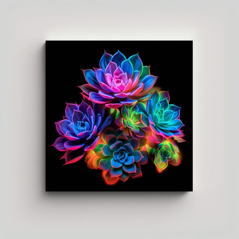 GENERICO - Cuadro Neon De Suculentas En Lienzo De Alta 50x50 Cm