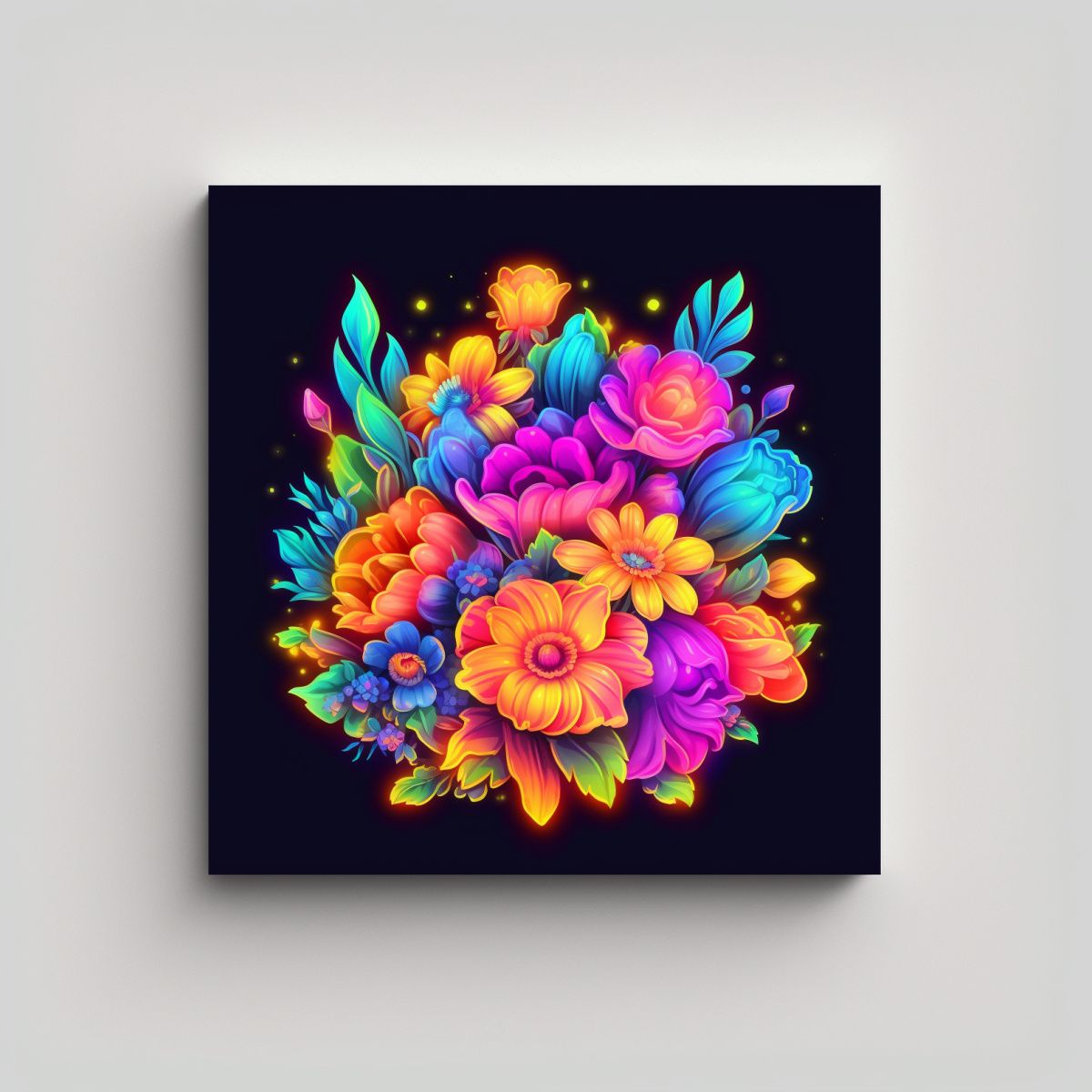 GENERICO - Cuadro Neon De Flores Arcoíris Y Finas Líneas 80x80 Cm