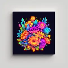 GENERICO - Cuadro Neon De Flores Arcoíris Y Finas Líneas 30x30 Cm