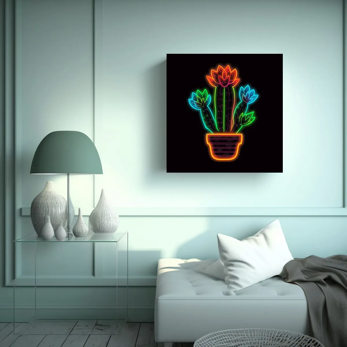 GENERICO - Ilustración Neon Cactus Y Sol: Arte De Pared Con 30x30 Cm