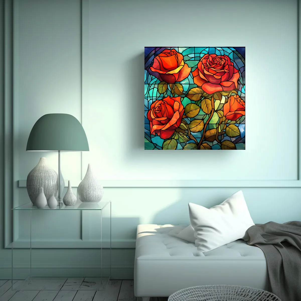 GENERICO - Arte En Vidrio Manchado Con Rosas, Decoración De 50x50 Cm