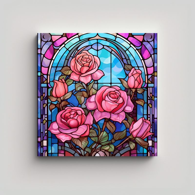 GENERICO - Rosa Vidriera Floral Cuadro Decorativo Fondo De 90x90 Cm