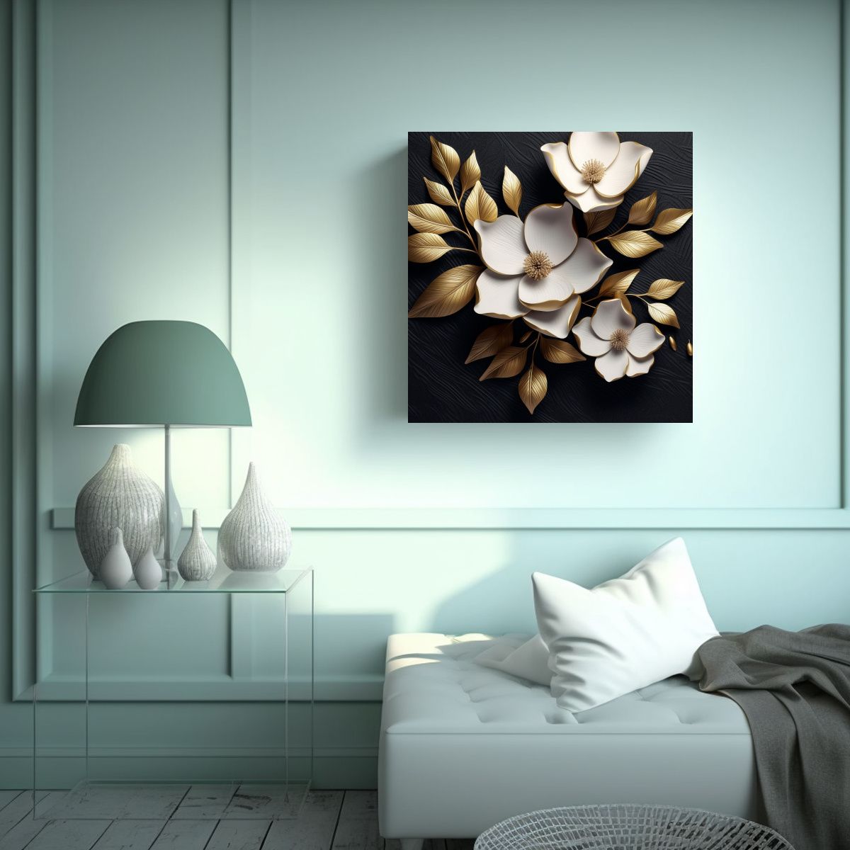 GENERICO - Arte Moderno De Pared 3D Magnolia Dorada Con 70x70 Cm.