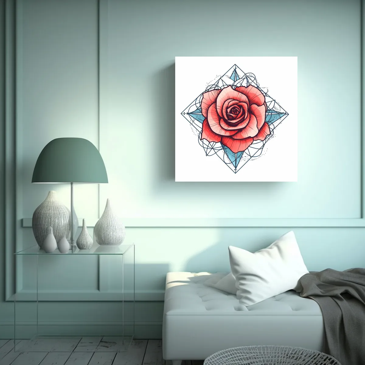 GENERICO - Cuadro De Rosa Geométrica En Finas Líneas Sobre 50x50 Cm