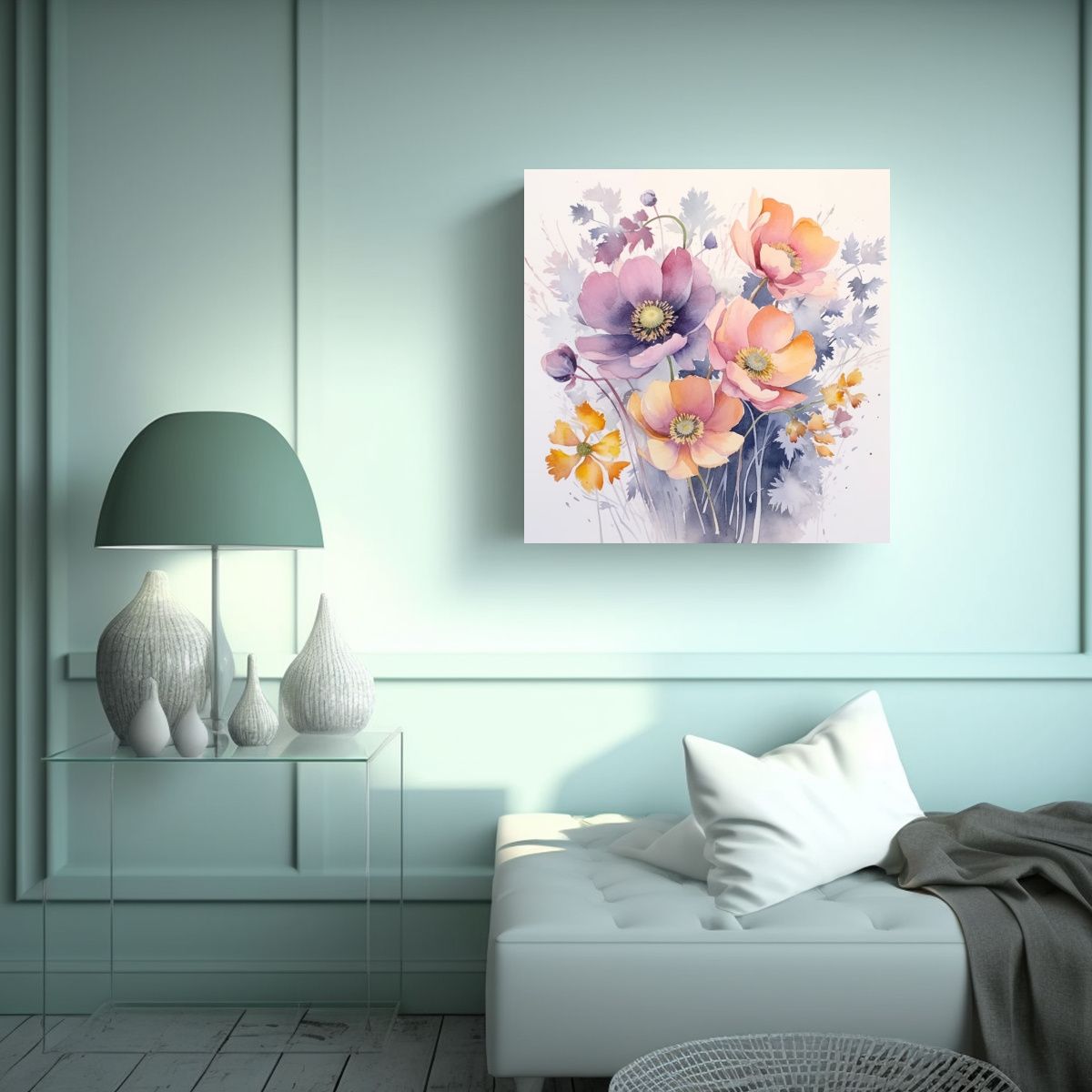 GENERICO - Arte Floral Acuarela En Cuadro De Fina Simetría 40x40 Cm