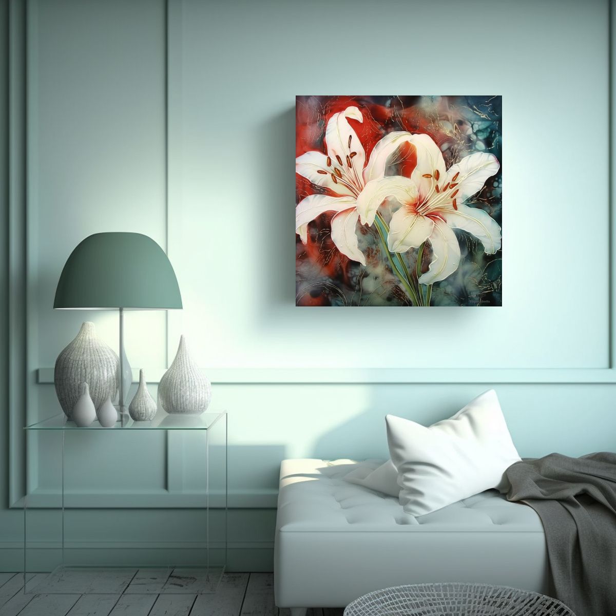 GENERICO - Cuadro Época: Chou White Lily Con Fondo Rojo 30x30 Cm