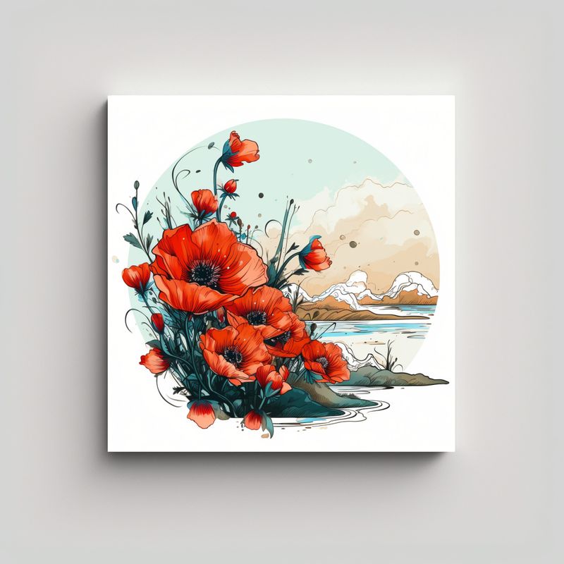 GENERICO - Cuadro Decorativo Estilo Japonés: Poppies En 70x70 Cm