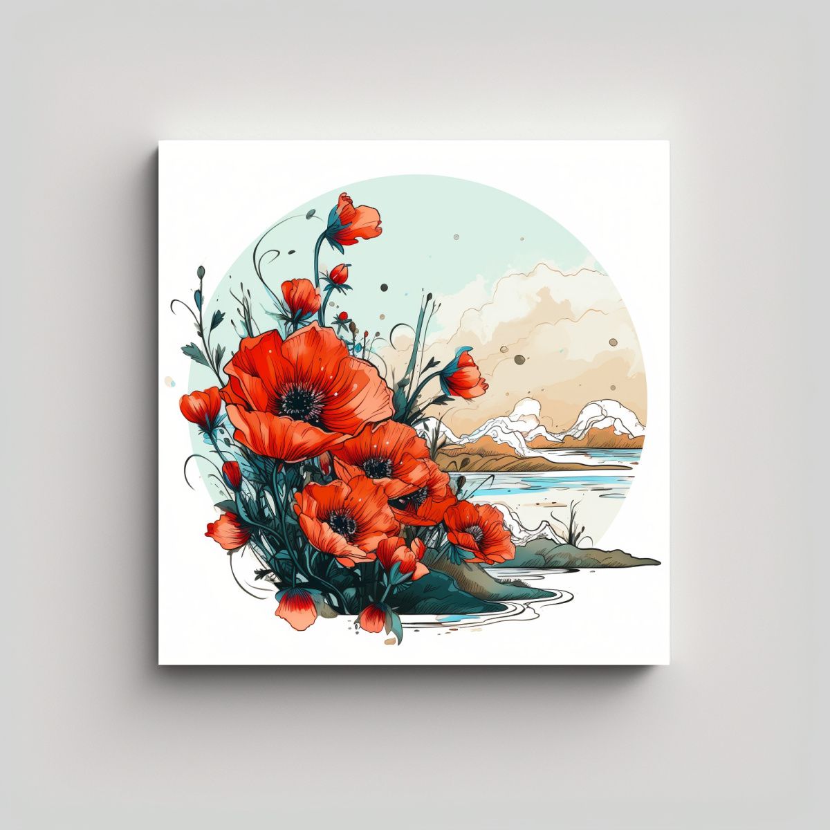 GENERICO - Cuadro Decorativo Estilo Japonés: Poppies En 40x40 Cm