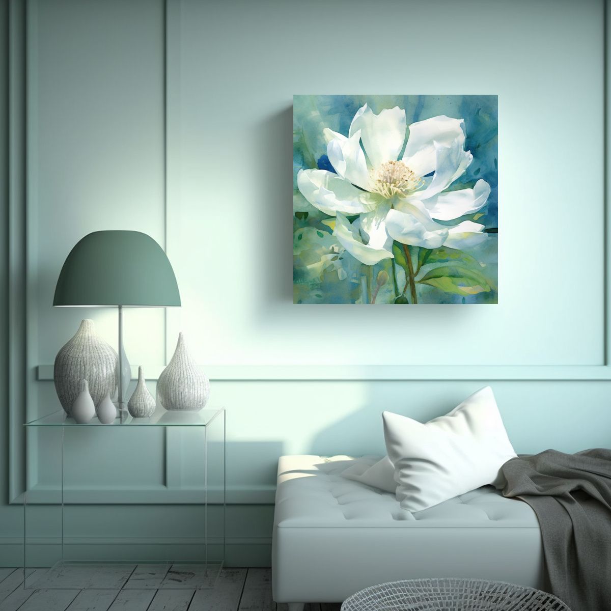 GENERICO - Cuadro Decorativo Tela En Bastidor: Blanco Floral 40x40 Cm