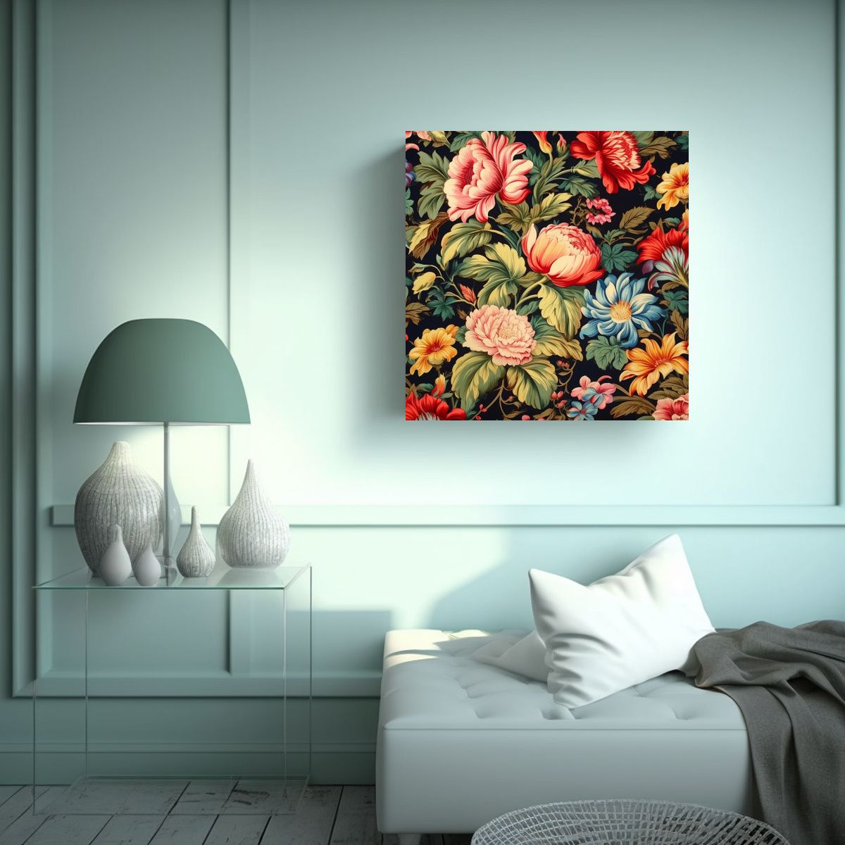 GENERICO - Elegante Tela En Bastidor Floral Vintage Colorida 80x80 Cm